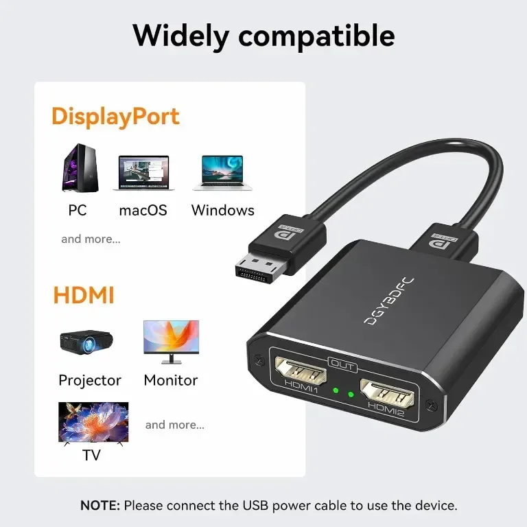 DGYBDFC 4K60Hz Displayport към двоен HDMI адаптер, DP 1.4 към 2х HDMI 2.0 — снимка 5