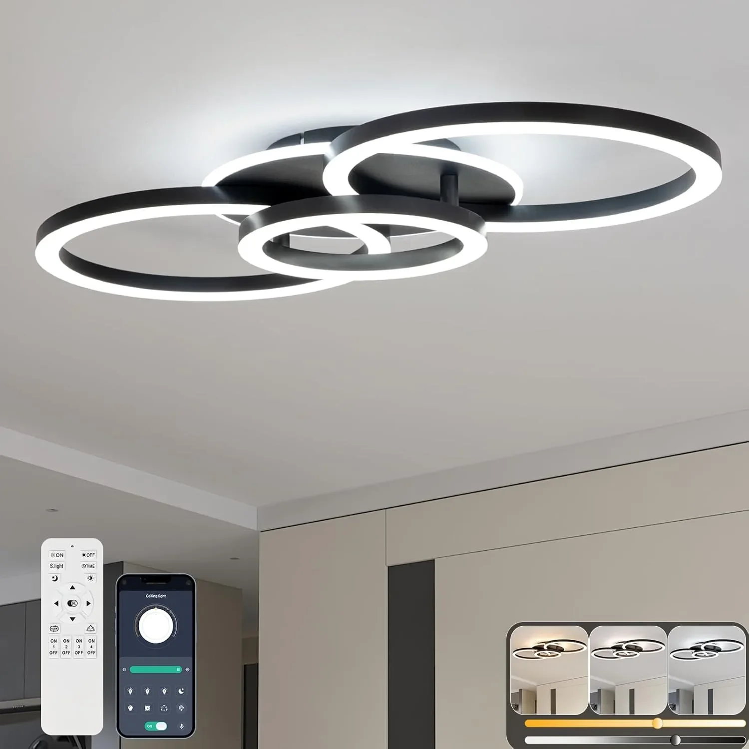 Смарт LED полилей за таван с дистанционно – кръгли пръстени и димиране