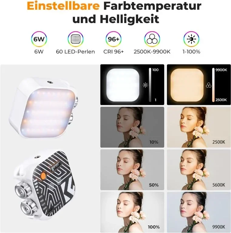 K&F Concept RGB Video Light, 360° пълноцветен преносим с 21 светлинни ефекта, 2500K-9900K CRI 96+ — снимка 4