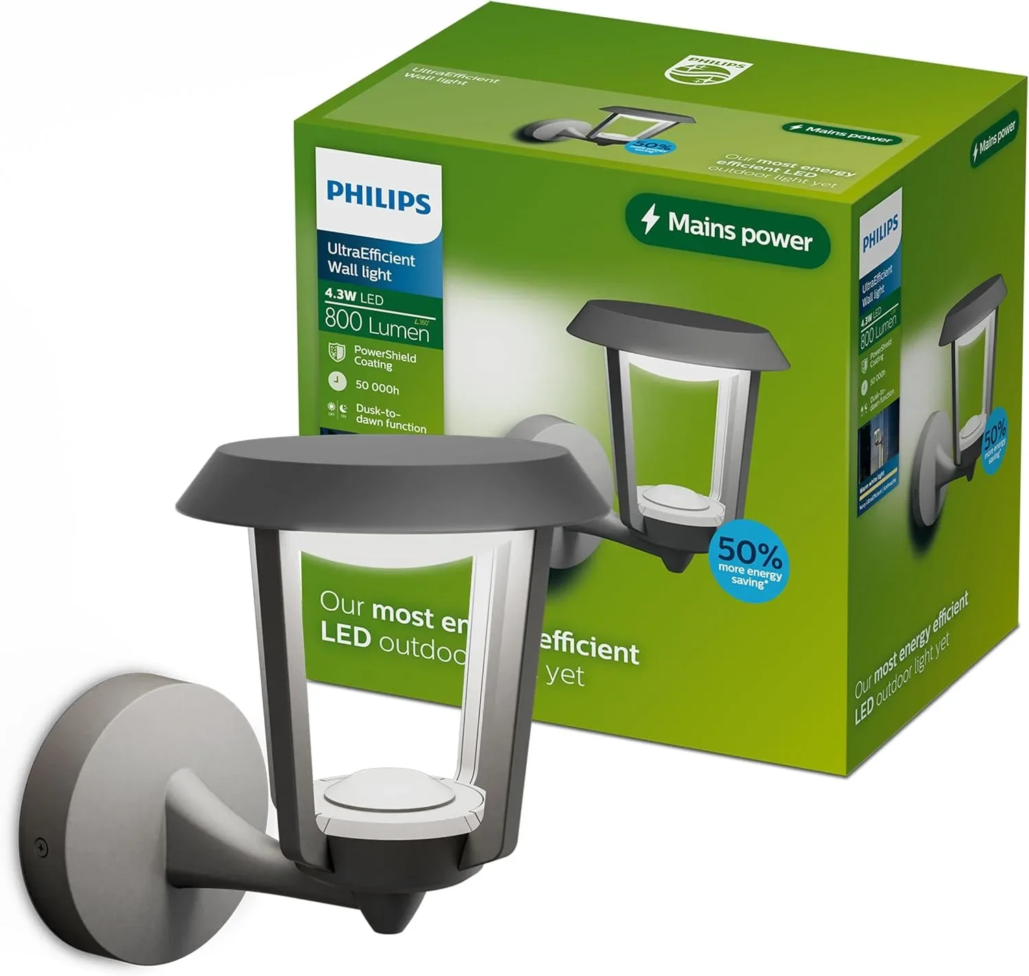 Външна LED стенна лампа Philips Nuvy, PowerShield, 800 lm, 2700 K, IP44