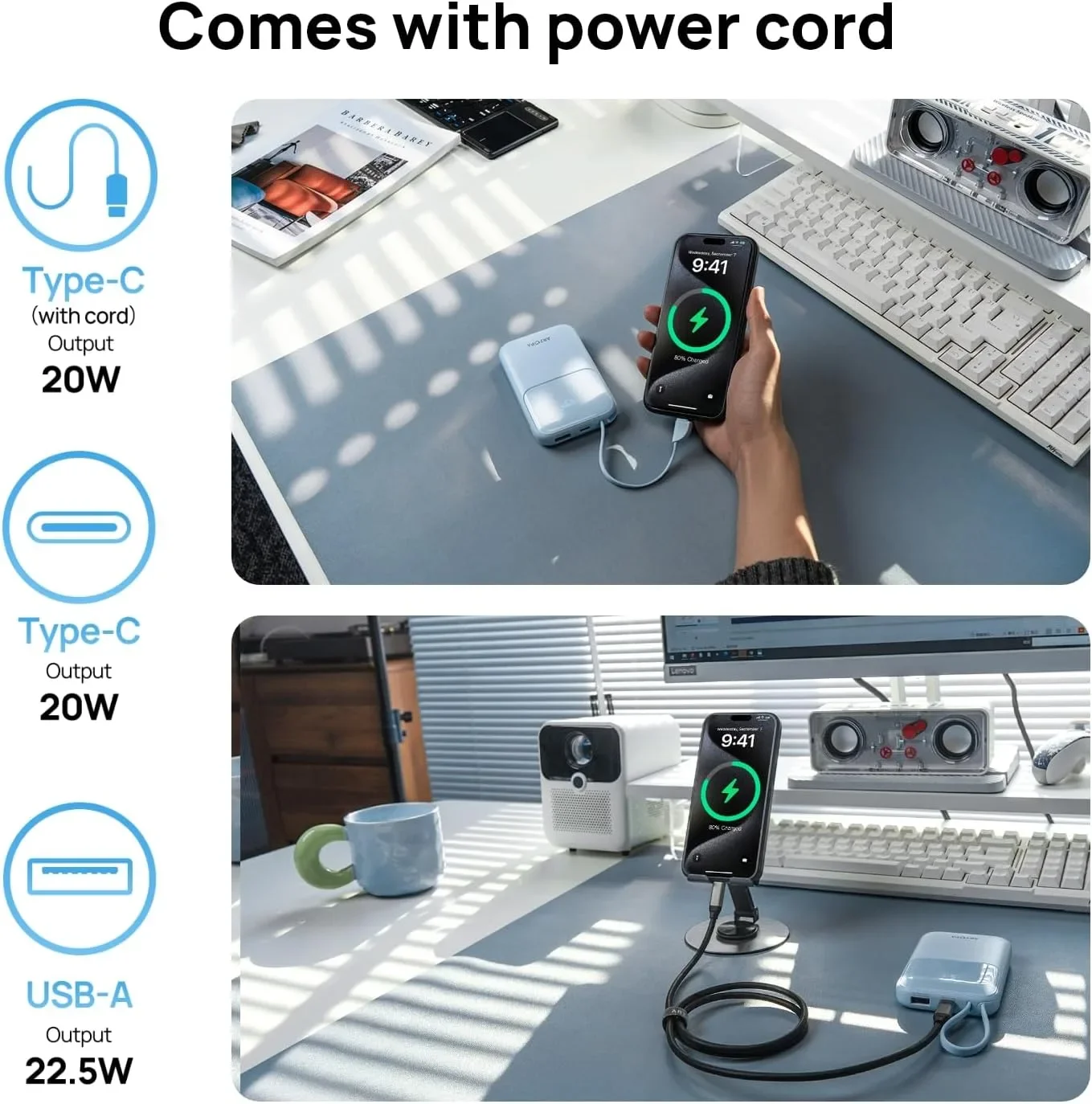 ARZOPA PB01 Power Bank 10000 mAh с вграден USB-C кабел и бързо зареждане до 22.5W — снимка 3