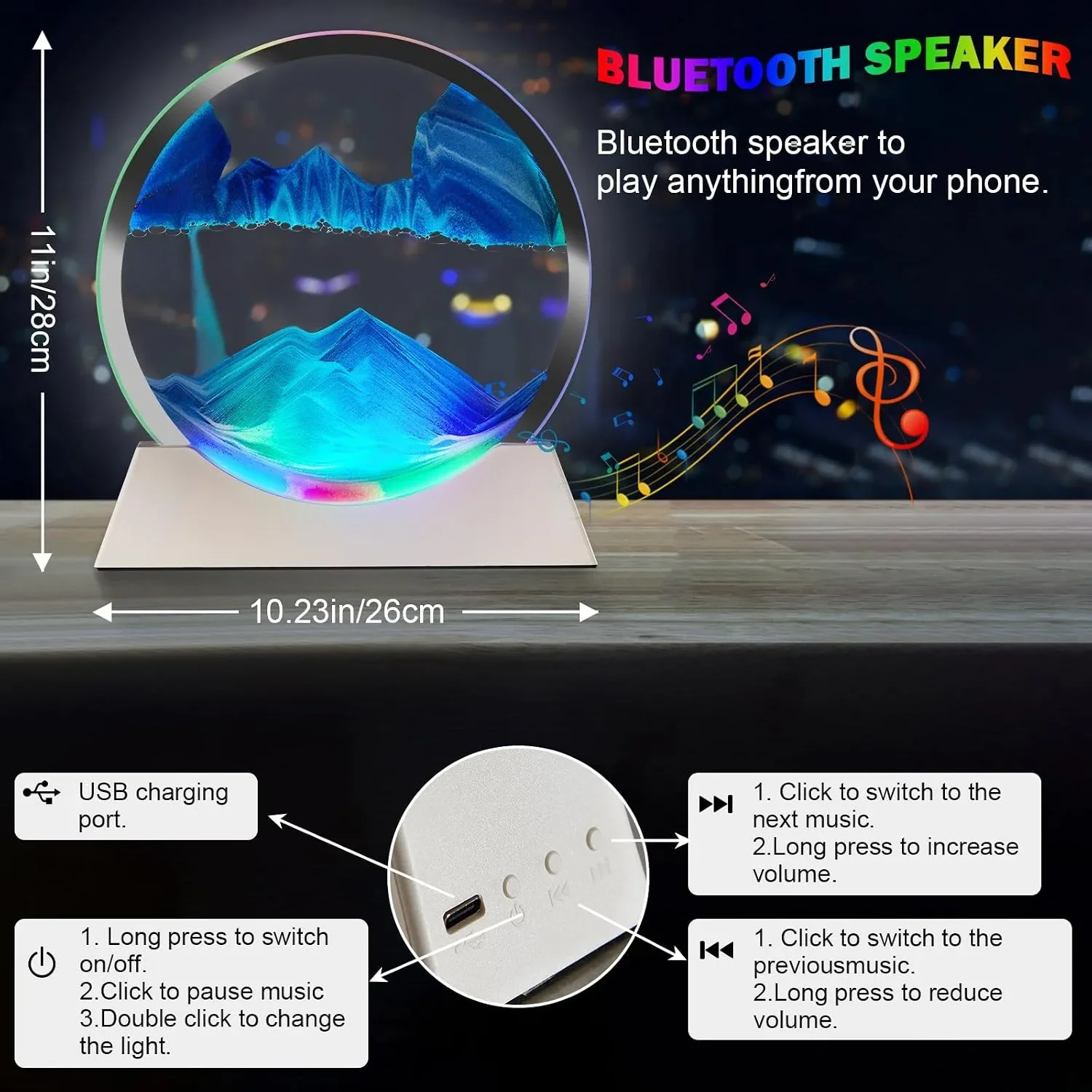 Смарт LED нощна пясъчна лампа с 360° въртящ се пясък, Bluetooth музика и дистанционно управление (USB)