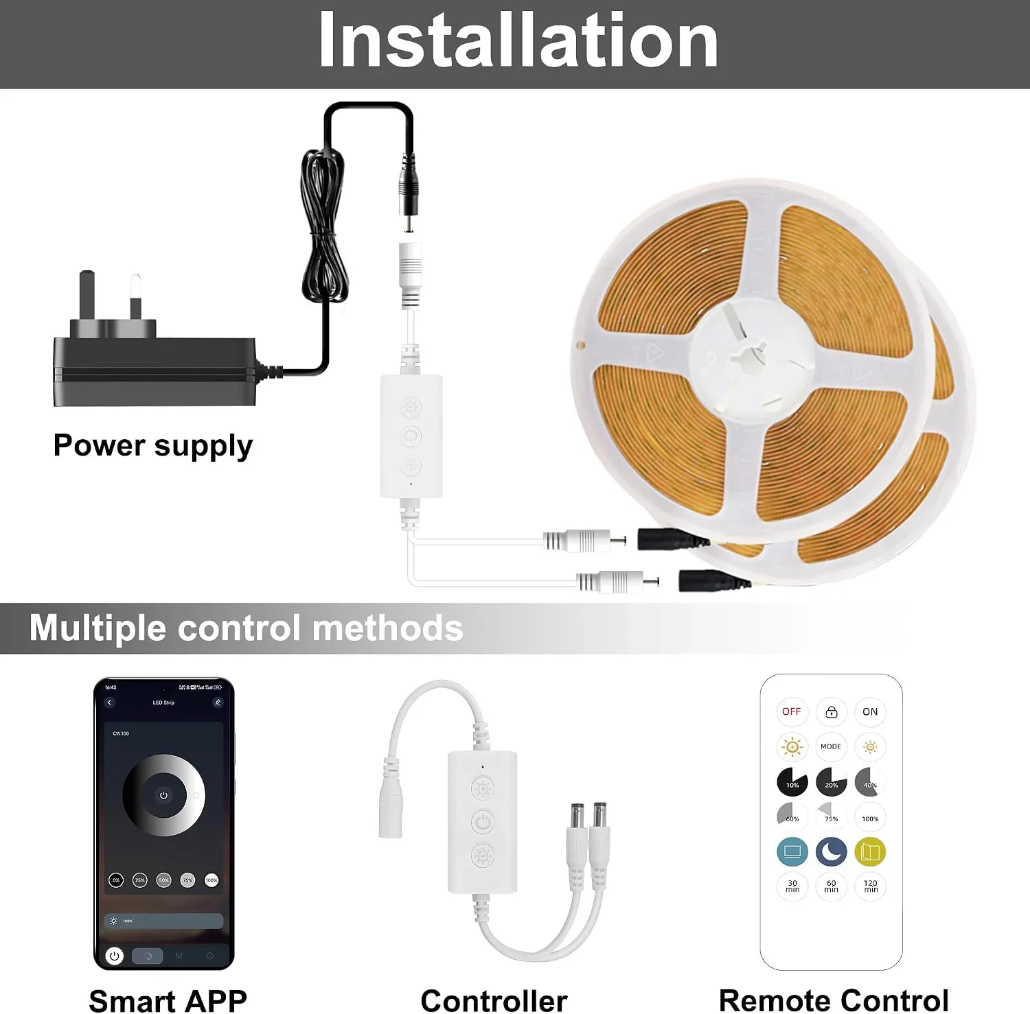TTWAY COB LED лента 10 м (5 м x 2), 3000K, 24V, CRI92+, дистанционно и APP управление – 8 мм — снимка 6
