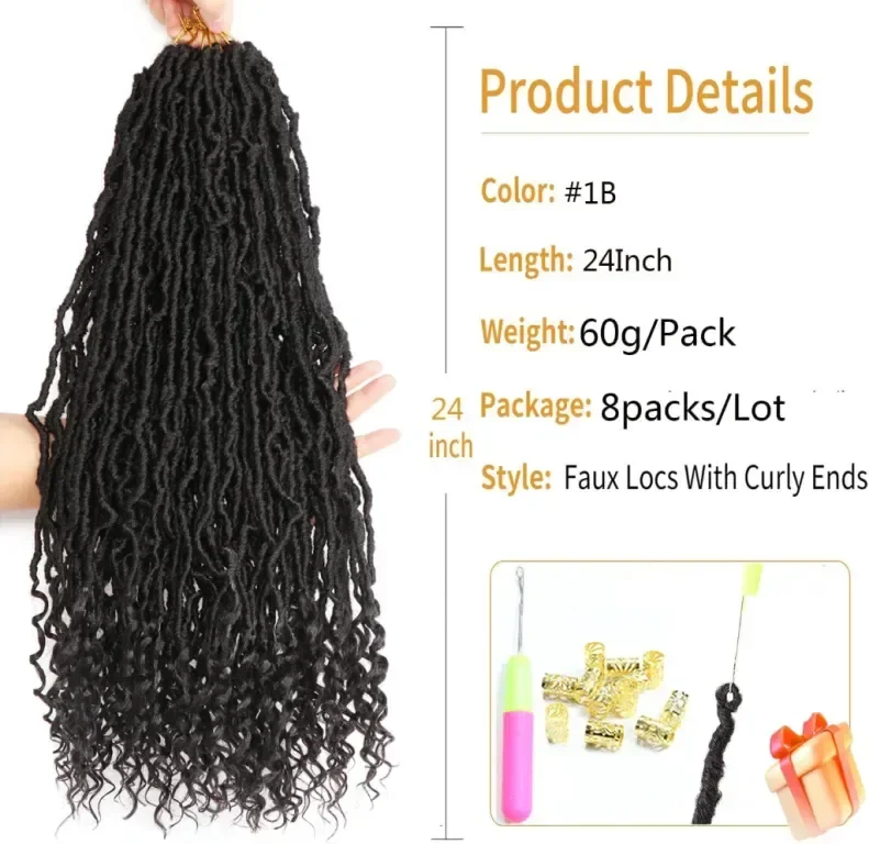 Екстеншъни за коса Faux Locs, сплетени, 60 см (пакет от 8), #1B — снимка 2