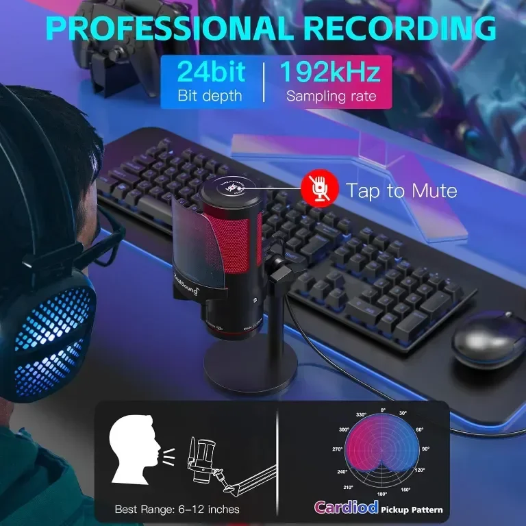 USB микрофон за игри ZealSound, кондензаторен микрофон с шумопотискане, с RGB светлина — снимка 4