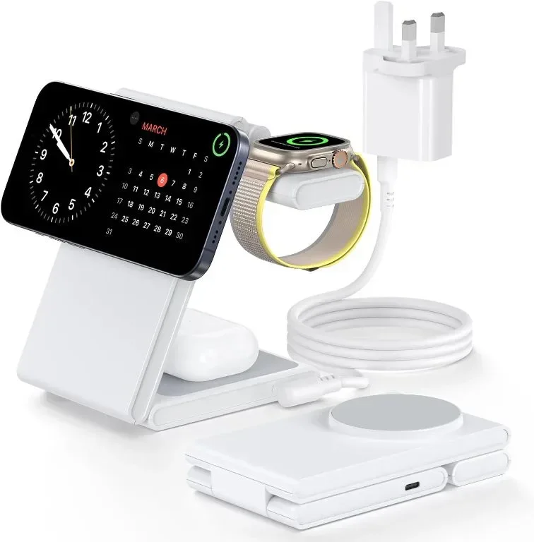 Houflody 3 в 1 Магнитна безжична станция за зареждане 20W за iPhone 15/14/13/12, Apple Watch,AirPods