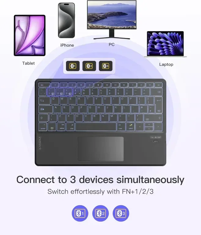 Клавиатура Inateck с тъчпад, AI функция, ултратънка Bluetooth за Windows/iPadOS/Android/iOS,KB01104 — снимка 2