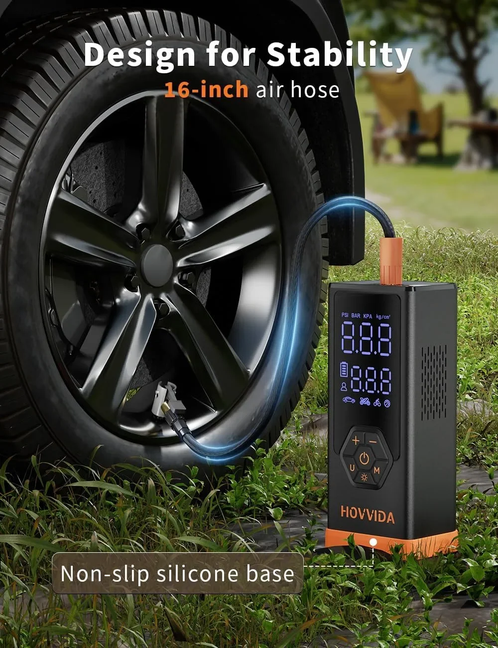 Преносим въздушен компресор за гуми HOVVIDA, 7800 mAh, 12V DC, до 150 PSI, 40 л/мин — снимка 5