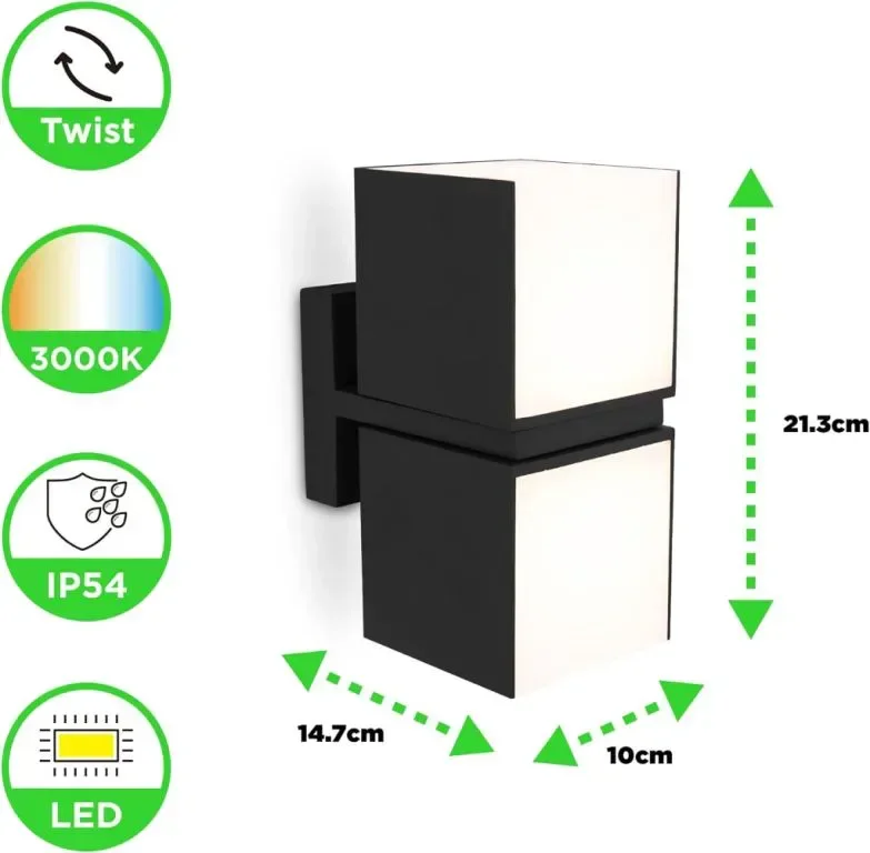 LUTEC Cuba LED Въртяща се алуминиева външна/вътрешна стенна лампа, 1000LM 3000K, 24W — снимка 2