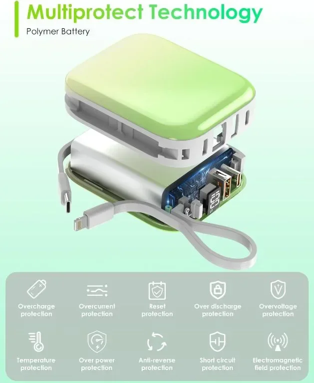 Преносимо зарядно Mini Power Bank, 22,5 W 10000 mAh, с вградени iOS и USB-C кабел — снимка 7