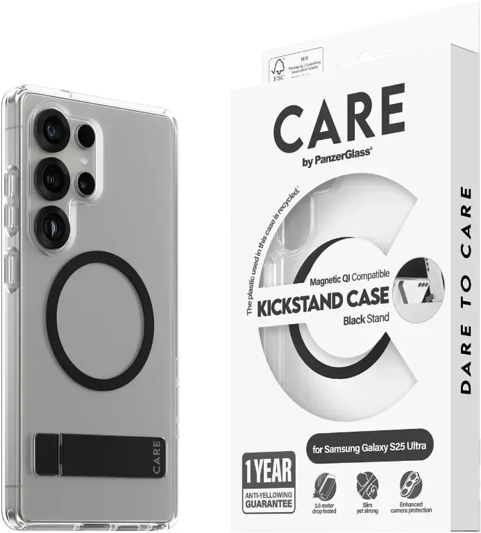 Калъф CARE BY PANZERGLASS с черна стойка за Samsung Galaxy S25 Ultra, Qi и MagSafe, прозрачен