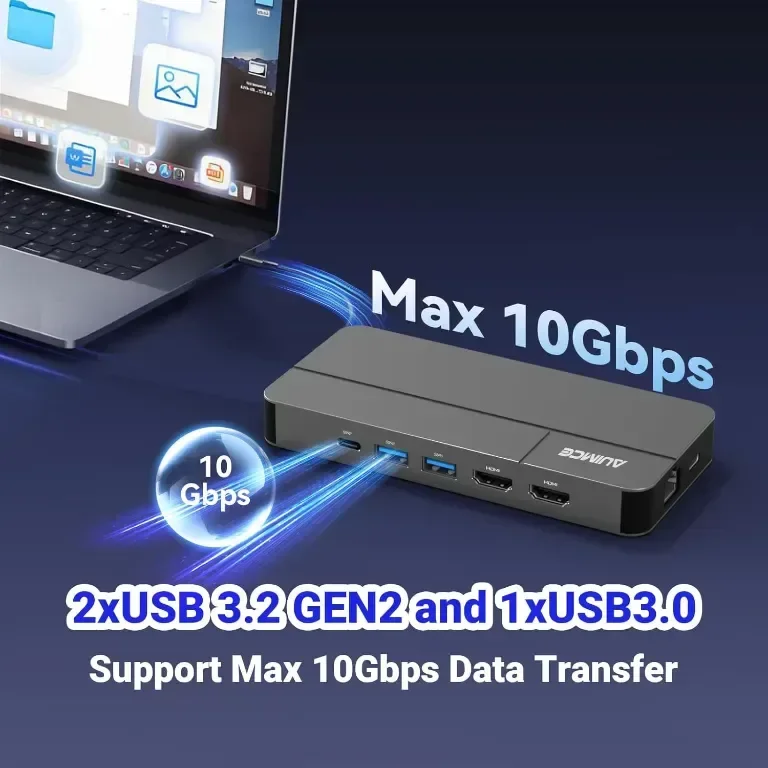 AUIMCE Докинг станция 2х HDMI и USB C порт, до 4K/60Hz, MacOS/Windows — снимка 6