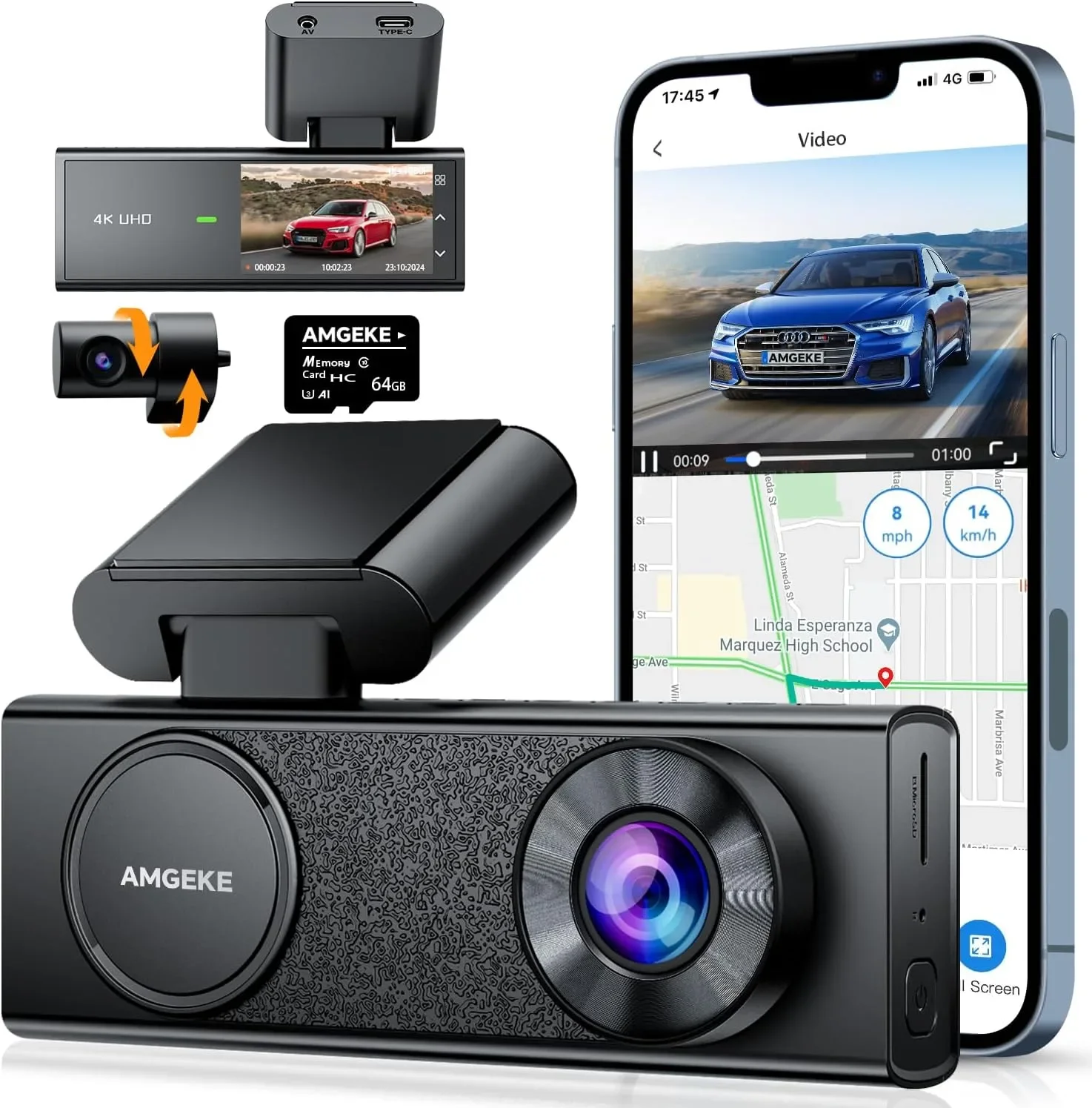 AMGEKE M8 4K Dual Dash Cam видеорегистратор за автомобил отпред и отзад с Wi‑Fi, GPS и 64GB microSD