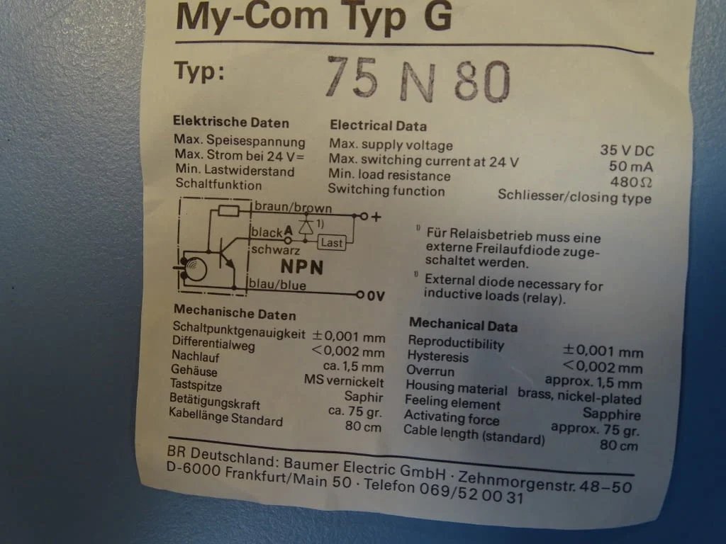 Микроизключвател Baumer Electric MY-COM typ G 75N80 precision switch — снимка 7