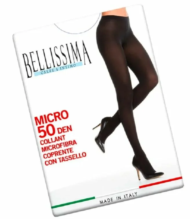 Bellissima 50DEN италиански черен, бежов, бял микрофибърен плътен чорапогащник 40-90кг Белисима