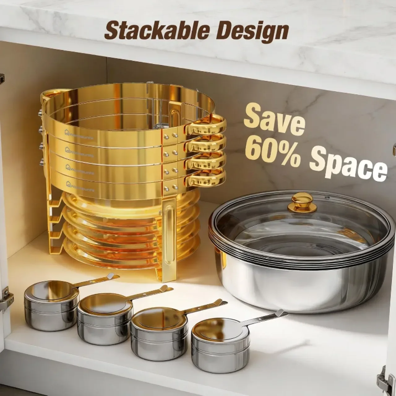 Комплект за бюфет WARMOUNTS 6L Gold Chafing Dish, 2 броя, кръгли съдове за затопляне с капак — снимка 4