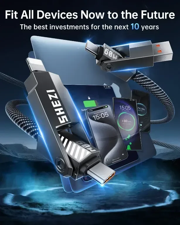 SHEZI 4 в 1 кабел за зареждане/данни с Lightning/Type C/USB A порт, 3 метра — снимка 4