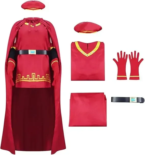 AYYOHON мъжки костюм Farquaad, шапка, червено наметало, топ, ръкавици, колан, 5 части