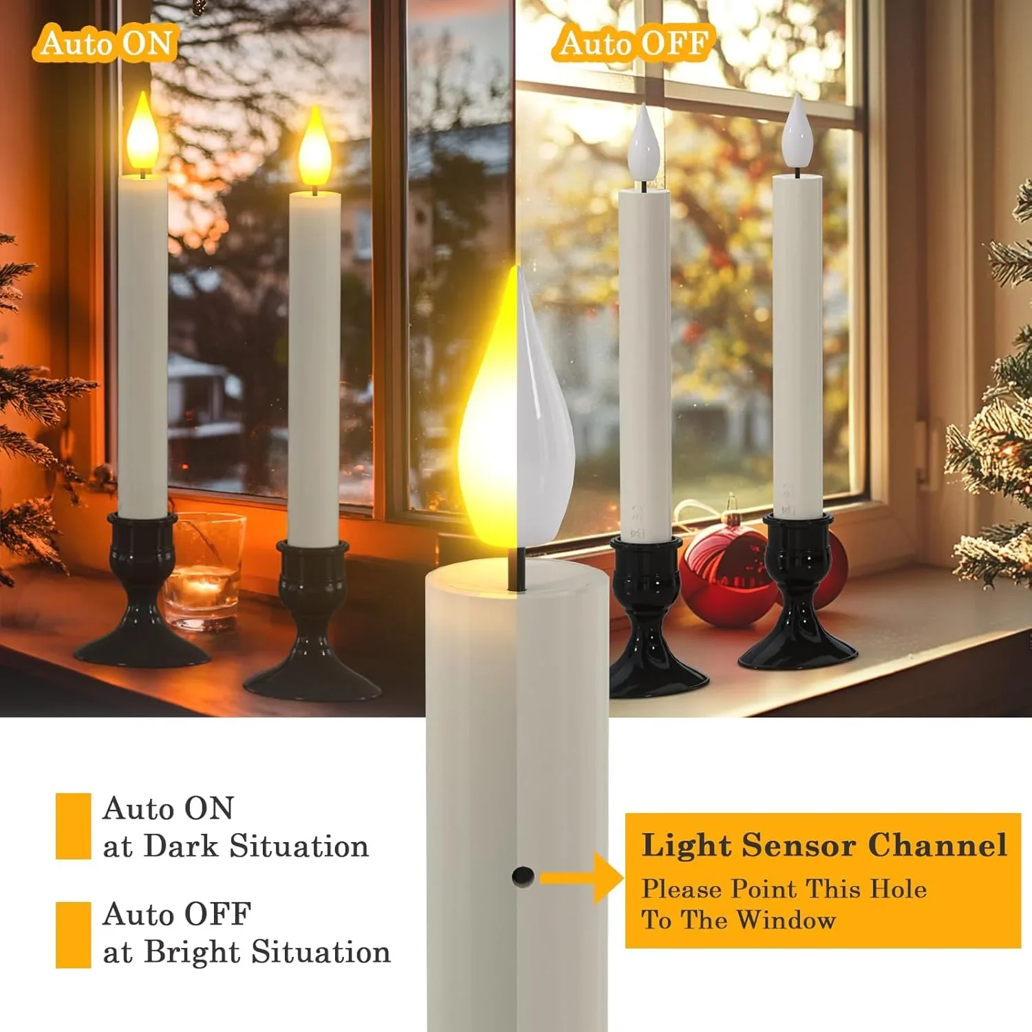 PChero LED конусовидни свещи със сензор от здрач до зори, 10 бр., безпламъчни с батерии — снимка 2