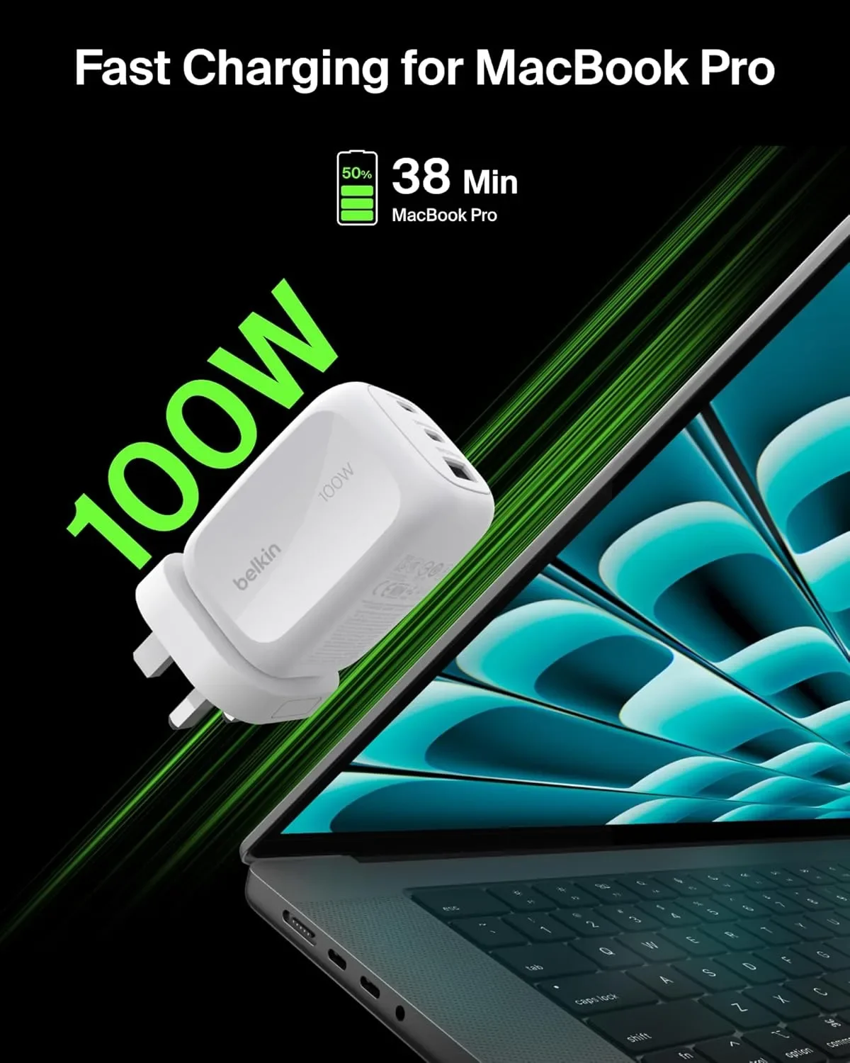 Belkin 100W GaN зарядно с 2x USB-C и 1x USB-A (3 порта) — снимка 3