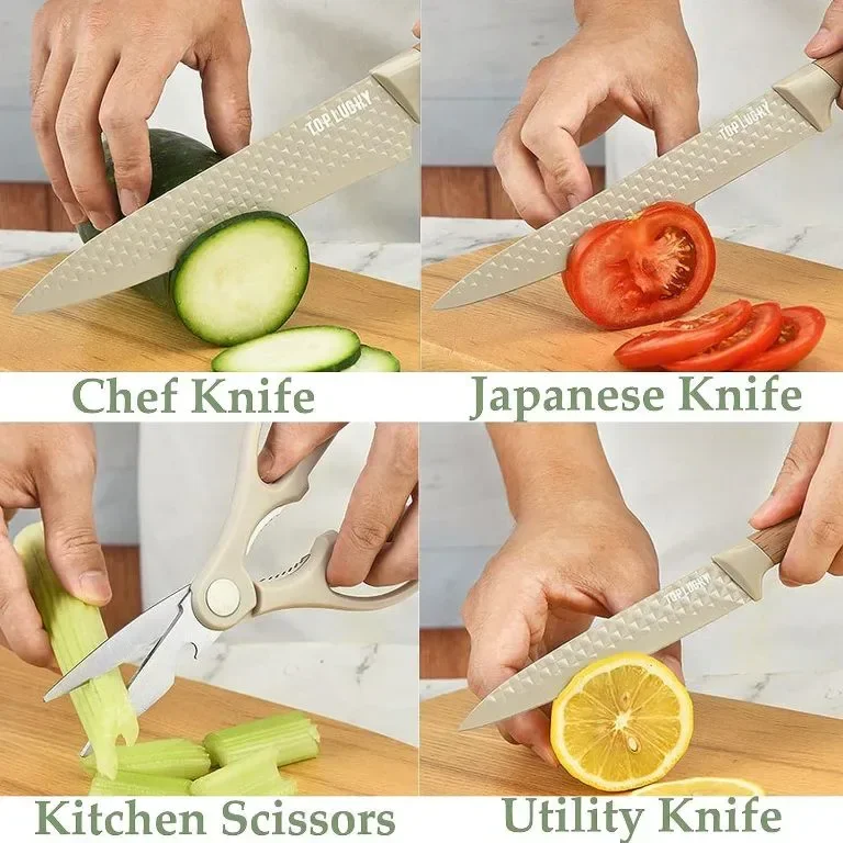 Комплект кухненски ножове 6 части цвят каки от неръждаема стомана с универсален блок за ножове — снимка 5
