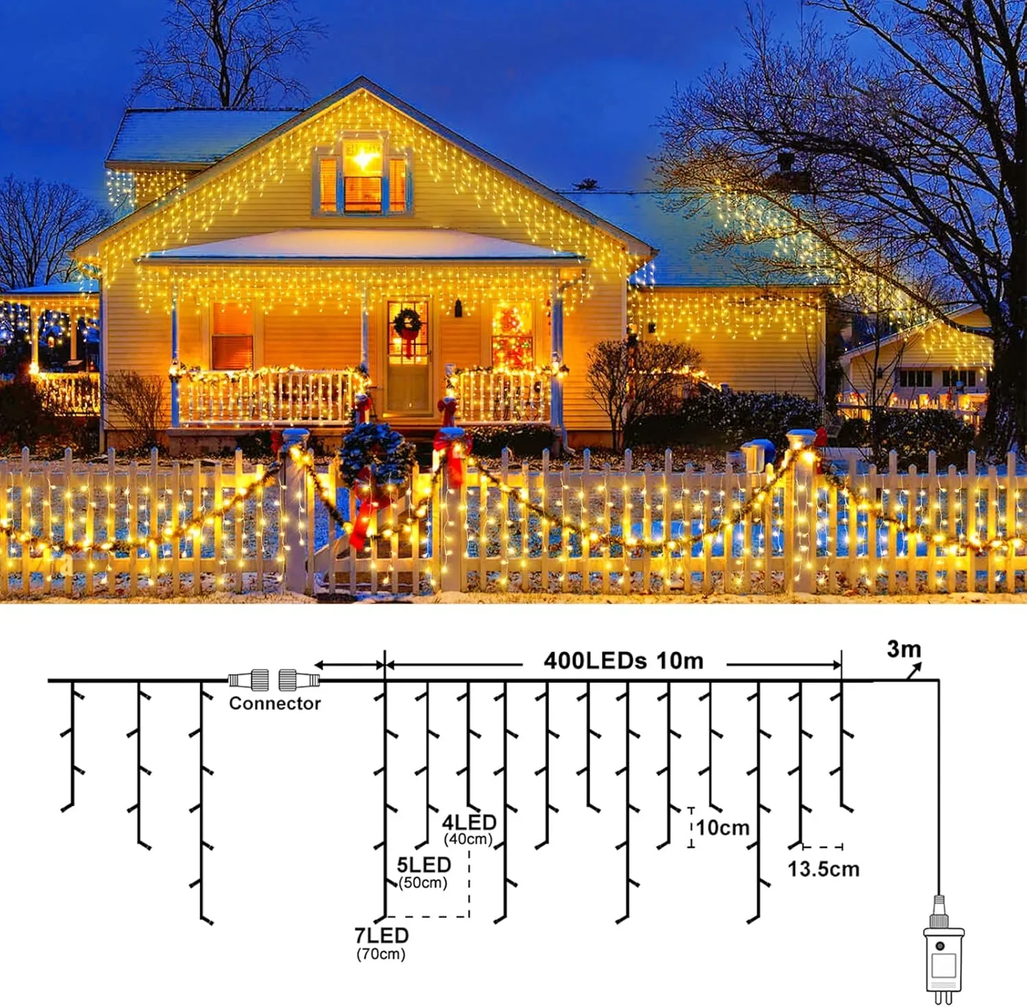 Коледни LED лампички „ледени висулки“ 10 м, 400 LED, 8 режима, топло бяло (за външен монтаж) — снимка 4