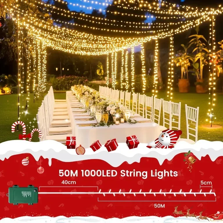 ELKTRY 1000LED 50M Коледни светлини за открито, топло бяло, работи на батерия с таймер, 8 режима — снимка 2